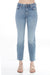 Woman wearing a blue rinse wash jeans with crop straight leg from Johnny Was