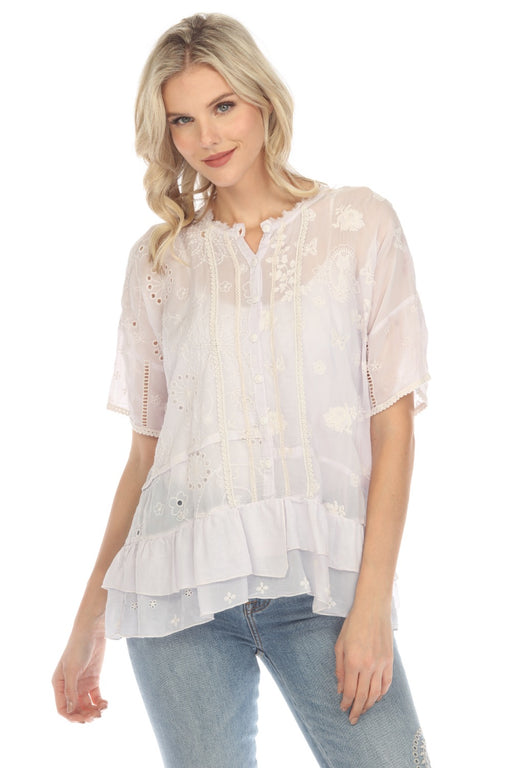 Johnny Was Style C13323 Lavender Summer Hyacinth Eyelet Embroidered Blouse