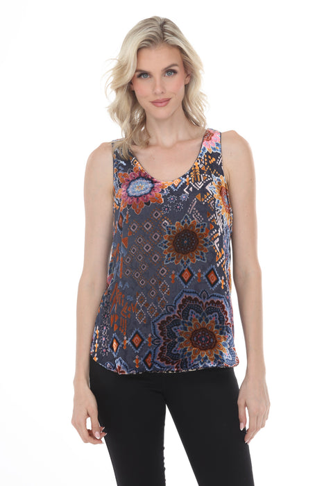 Woman wearing a sleeveless tank top with colorful burnout velvet pattern from Johnny Was