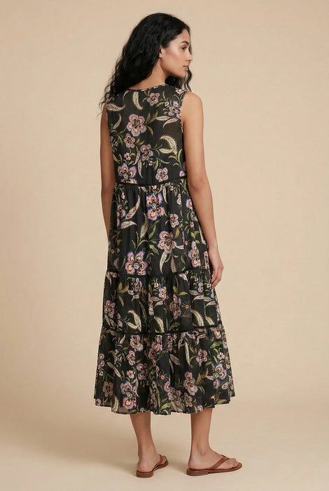 Johnny Was Black Libbi Floral Tiered Midi Dress R35424-6
