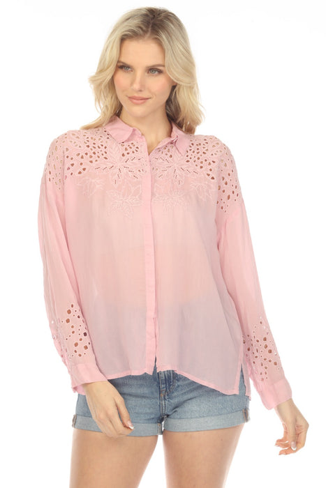 Johnny Was Style C14923 Light Pink Lotus Eyelet Button-Down Shirt Boho Chic
