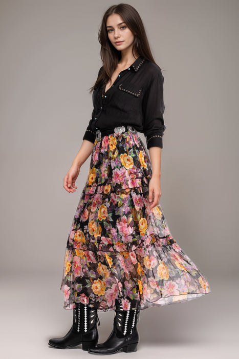 Johnny Was Jade Terra Floral Silk Tiered Maxi Skirt L78825-1
