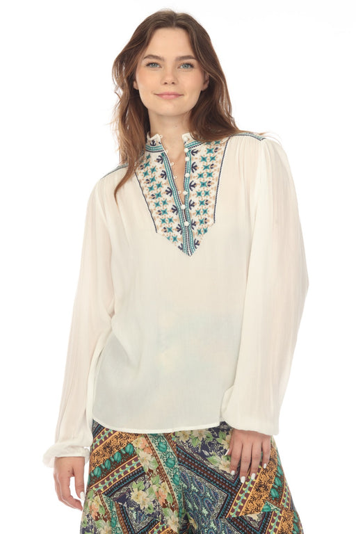 Johnny Was Love Style L13722 White Paola Embroidered Henley Long Sleeve Blouse Boho Chic