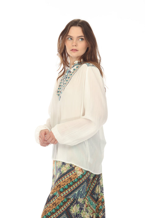 Johnny Was Love White Paola Embroidered Henley Long Sleeve Blouse Boho Chic L13722