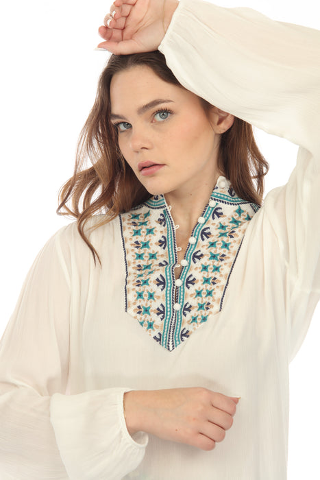 Johnny Was Love White Paola Embroidered Henley Long Sleeve Blouse Boho Chic L13722