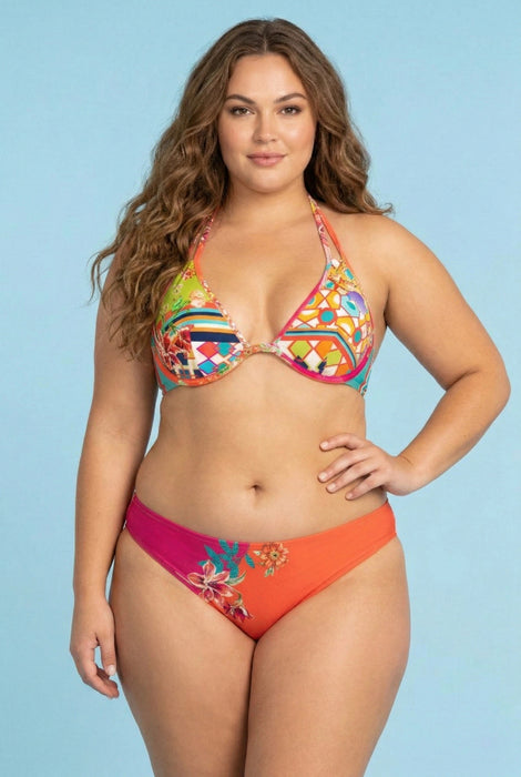 Woman wearing a colorful floral printed hipster bikini bottom from Johnny Was