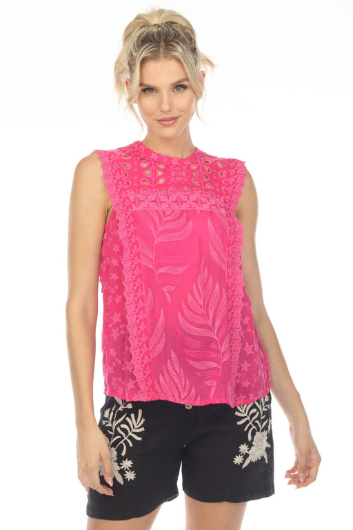 Johnny Was Style C10323 Magenta Pink Leafy Concetta Eyelet Embroidered Sleeveless Blouse Boho Chic