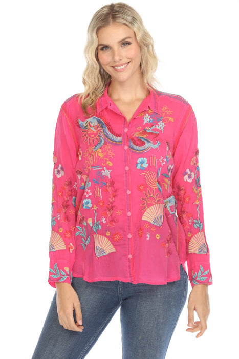 Johnny Was Style C11825-R Magenta Velouria Embroidered Button-Down Blouse