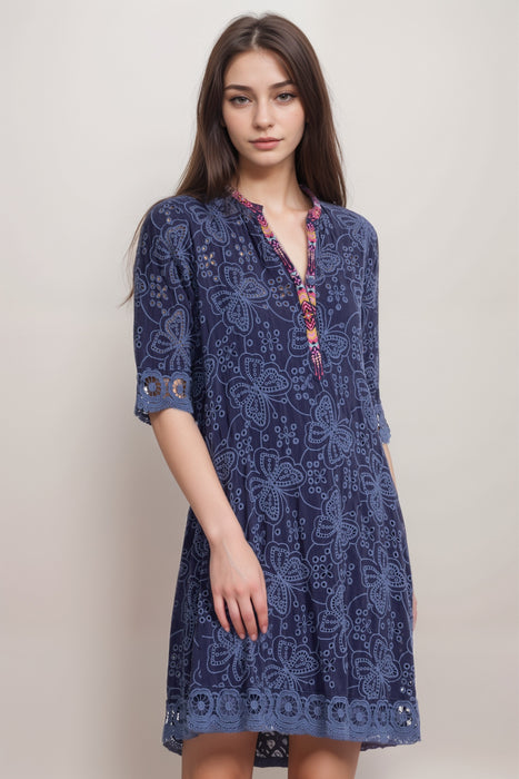 Johnny Was Blue Mariposa Malfi Mandarin Collar Dress C30425-4
