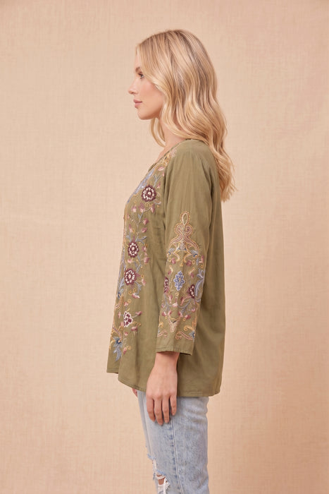 Johnny Was Martini Olive Embroidered Tulum Blouse Slip C14325-7