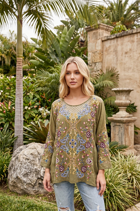 Johnny Was Martini Olive Embroidered Tulum Blouse Slip C14325-7