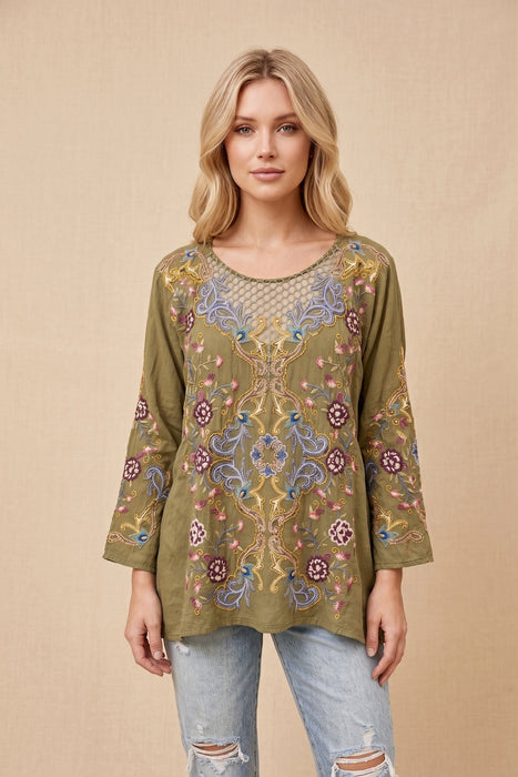 Johnny Was Martini Olive Embroidered Tulum Blouse Slip C14325-7