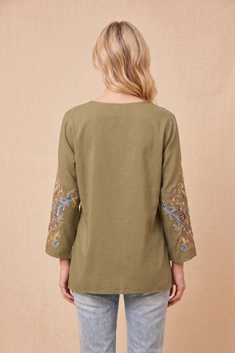 Johnny Was Martini Olive Embroidered Tulum Blouse Slip C14325-7