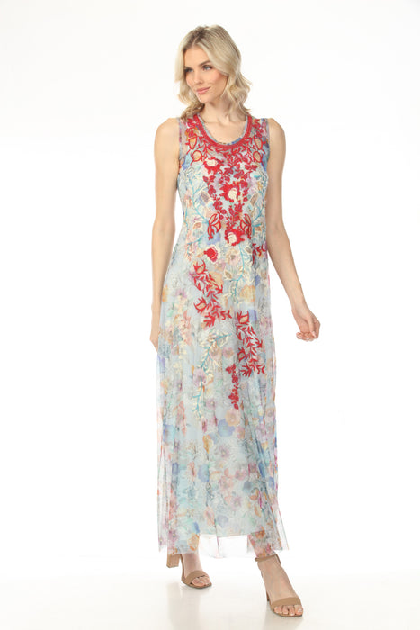 Woman wearing a lightweight mesh maxi dress with floral print and embroidery from Johnny Was