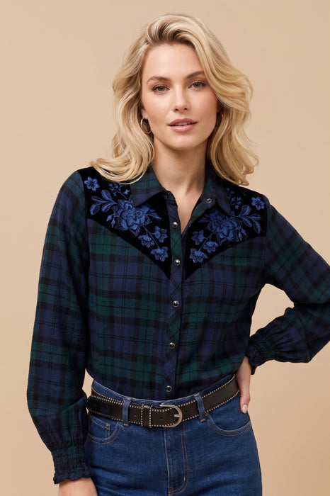 Johnny Was Mingo Plaid Annalina Smocked Cuff Western Shirt W18125-0