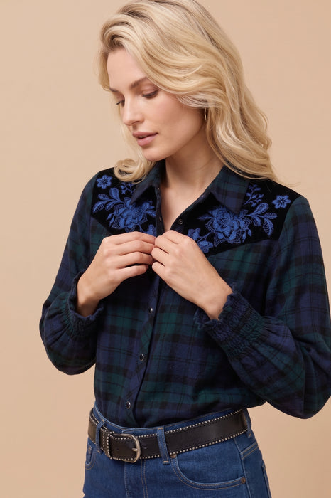 Johnny Was Mingo Plaid Annalina Smocked Cuff Western Shirt W18125-0