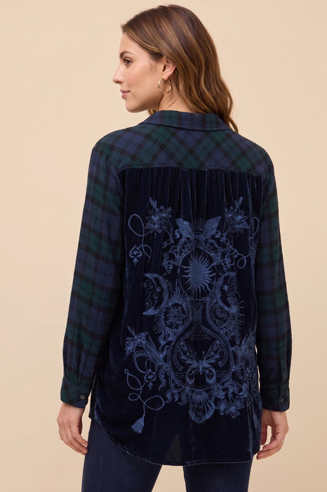 Johnny Was Mingo Plaid Long Sleeve Velvet Back Oversized Shirt W15925-O
