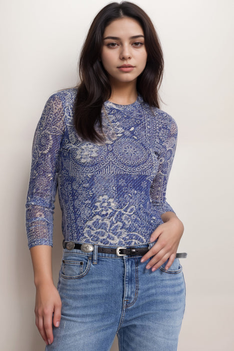 Johnny Was Blue Natalie Long Sleeve Mesh Tee R10025 Plus Size