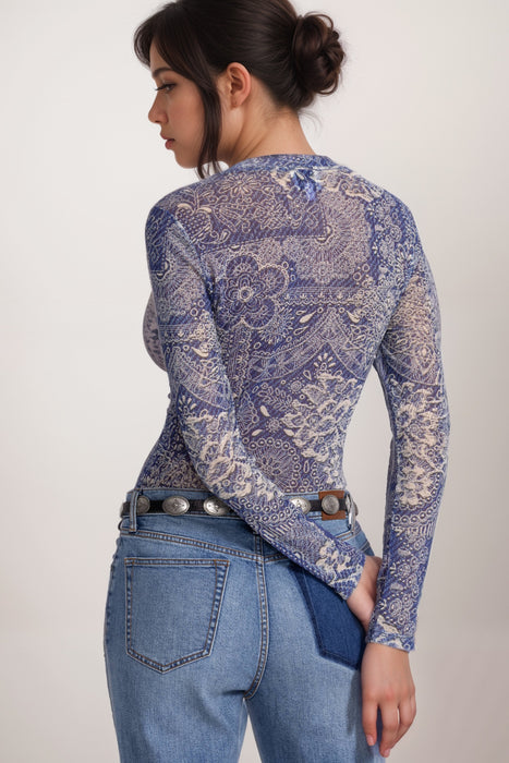 Johnny Was Blue Natalie Long Sleeve Mesh Tee R10025 Plus Size