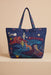A navy blue tote bag with colorful embroidered desert and Arizona-themed designs, including a cactus, horse, moon, stars, and the word 'ARIZONA' in red, shown against a beige background.