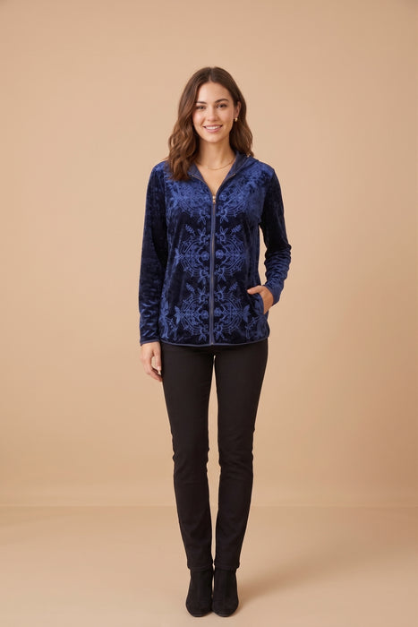 Johnny Was Navy Carmel Crushed Velvet Zip-up Hoodie J44625-0