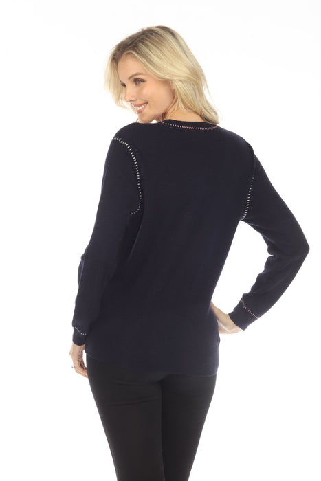 Johnny Was Navy Carter V-Neck Wool Cashmere Pullover Sweater Boho Chic M68423