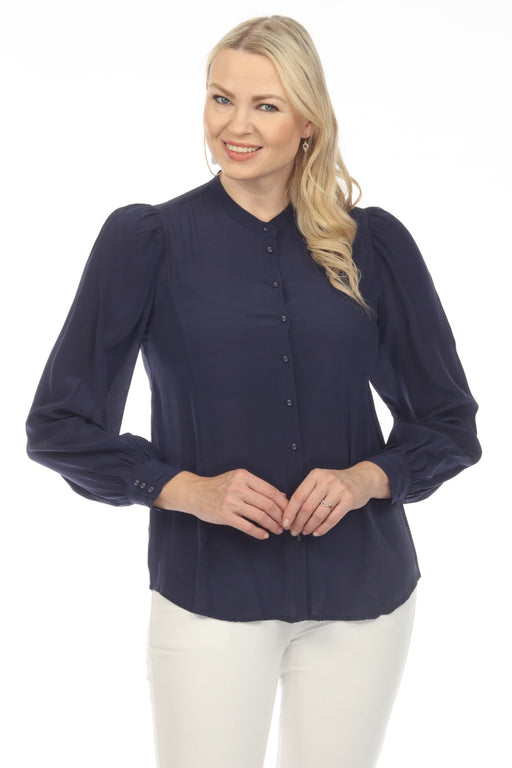 Johnny Was Style R12522 Navy Poplin Relaxed Silk Button-Down Shirt Boho Chic