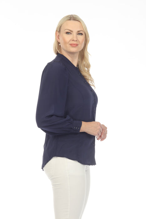 Johnny Was Navy Poplin Relaxed Silk Button-Down Shirt Boho Chic R12522