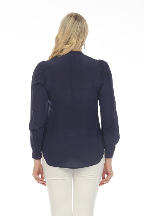 Johnny Was Navy Poplin Relaxed Silk Button-Down Shirt Boho Chic R12522