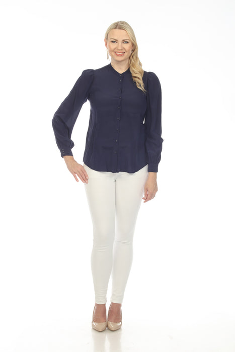 Johnny Was Navy Poplin Relaxed Silk Button-Down Shirt Boho Chic R12522