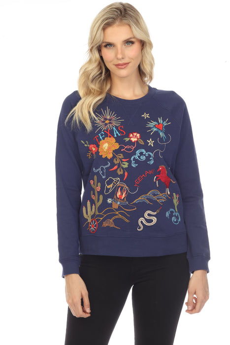 Johnny Was Style R45422 Navy Texas Embroidered Raglan Sweatshirt Boho Chic