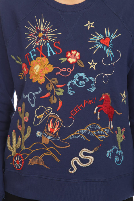 Johnny Was Texas Embroidered Raglan Sweatshirt Boho Chic R45422*