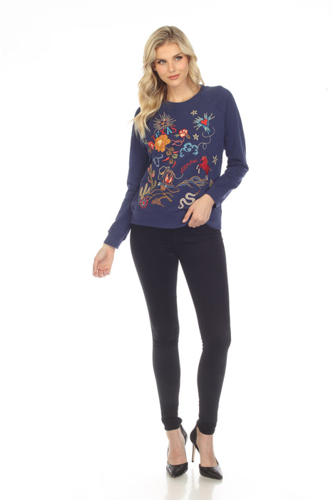 Johnny Was Texas Embroidered Raglan Sweatshirt Boho Chic R45422*