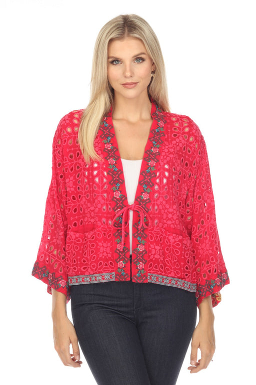 Johnny Was Style C45423 Rose Red Nera Floral Embroidered Eyelet Kimono Boho Chic