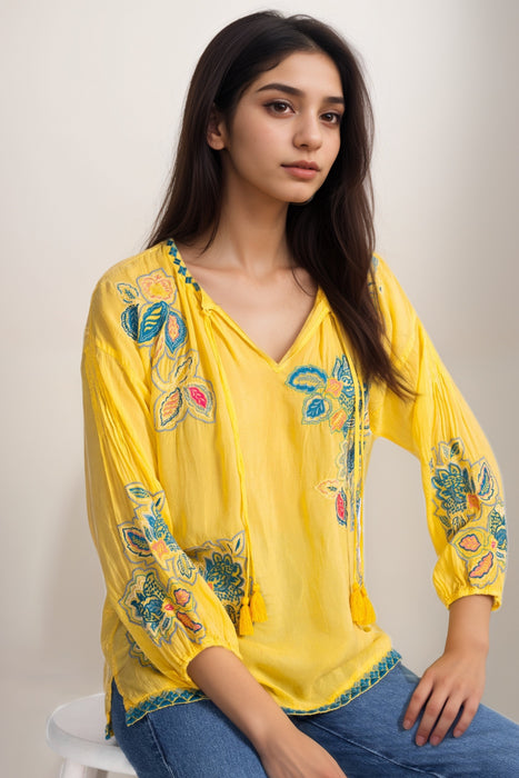 Johnny Was Yellow Odesa Margot Embroidered Blouse C13025-2