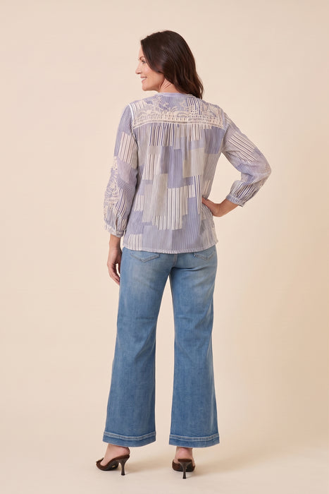 Johnny Was Stripe Lucinda Henley Yoke 3/4 Sleeve Blouse W18526-1