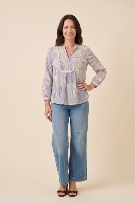 Johnny Was Stripe Lucinda Henley Yoke 3/4 Sleeve Blouse W18526-1
