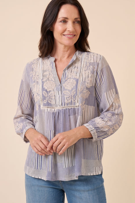 Johnny Was Stripe Lucinda Henley Yoke 3/4 Sleeve Blouse W18526-1