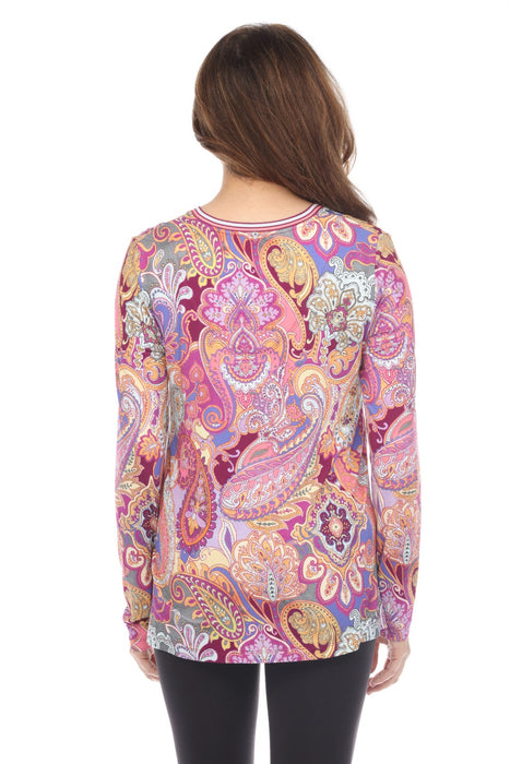 Johnny Was Paisley Long Sleeve V-Neck Tee Boho Chic T11424