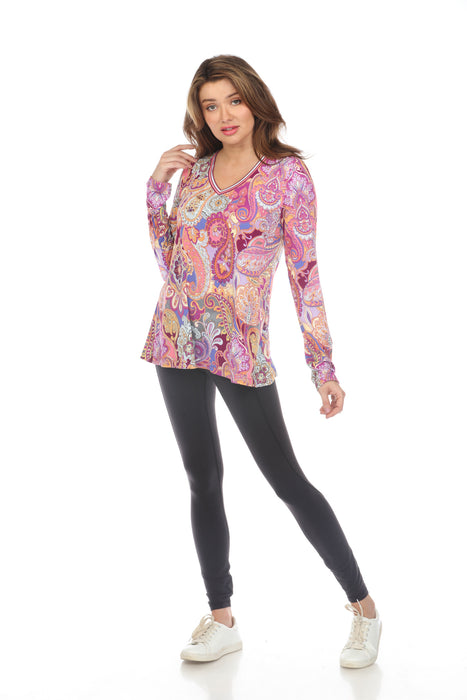 Johnny Was Paisley Long Sleeve V-Neck Tee Boho Chic T11424