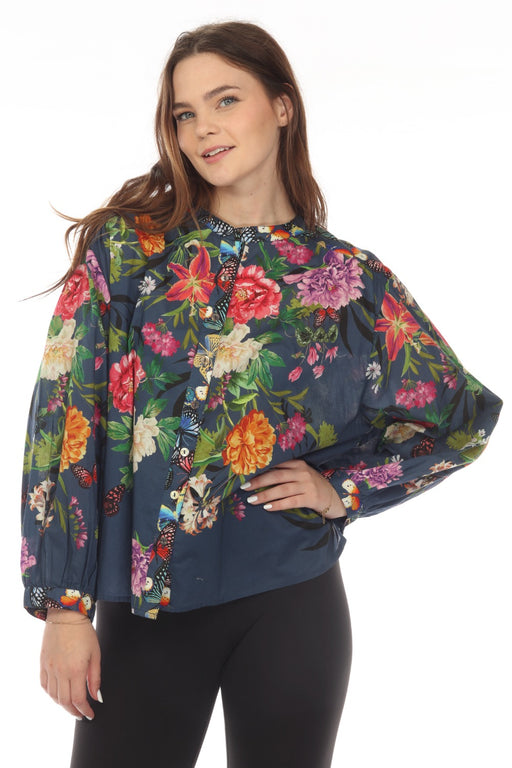 Johnny Was Style R14123 Panya Shirred Yoke Floral Button-Down Blouse Boho Chic