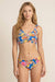 Woman wearing a matching blue floral printed crop bikini top and hipster bottom from Johnny Was