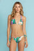 Woman wearing a colorful floral triangle bikini top from Johnny Was