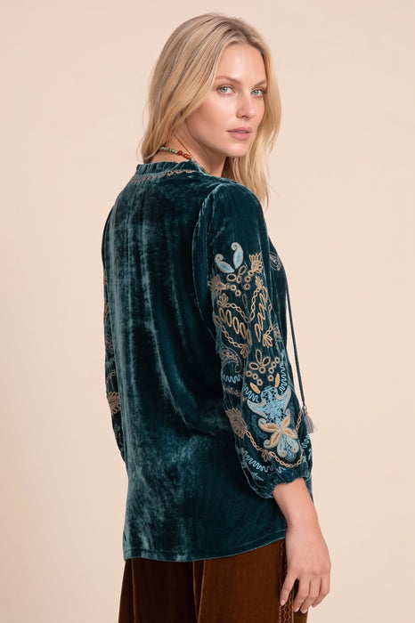 Johnny Was Peacock Tassel Tie Embroidered Velvet Field Blouse J15525-8