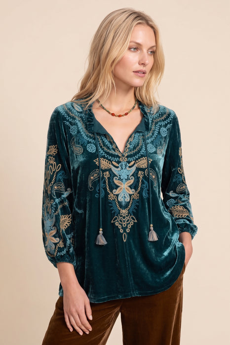 Johnny Was Peacock Tassel Tie Embroidered Velvet Field Blouse J15525-8