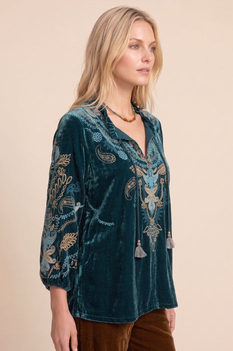 Johnny Was Peacock Tassel Tie Embroidered Velvet Field Blouse J15525-8