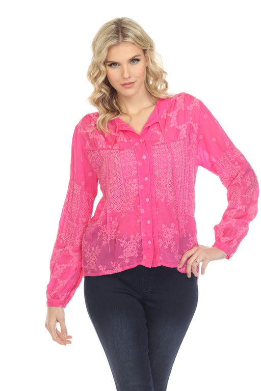 Johnny Was Style C18622-E Pink Alistair Amiee Embroidered Button-Up Top Boho Chic