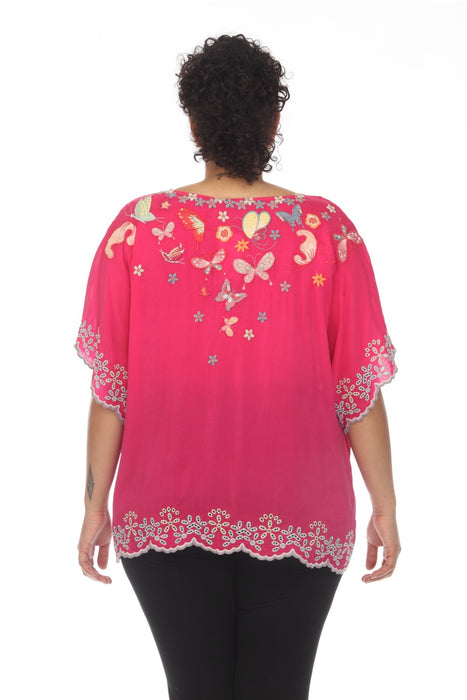 Johnny Was Pink Bellona Embroidered Short Sleeve Blouse Plus Size C11823