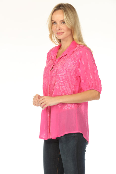 Johnny Was Pink Embroidered Button-Down Blouse LT2068