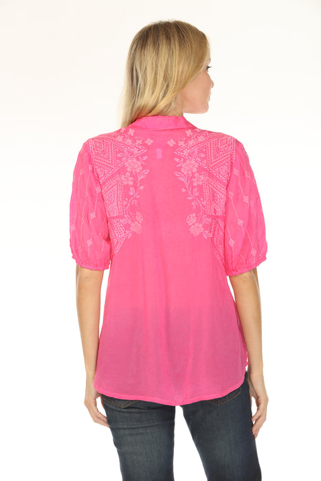 Johnny Was Pink Embroidered Button-Down Blouse LT2068